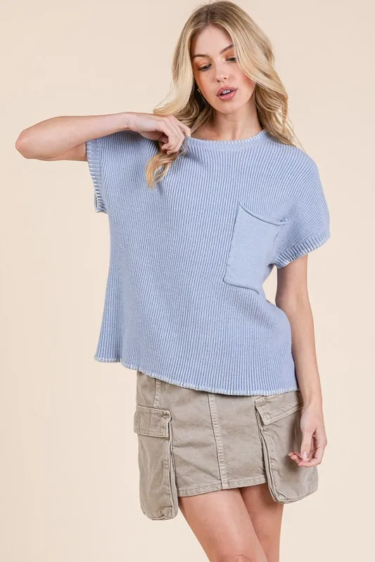 Solid Cap Sleeve Stitch Edge Knit Sweater, image 9