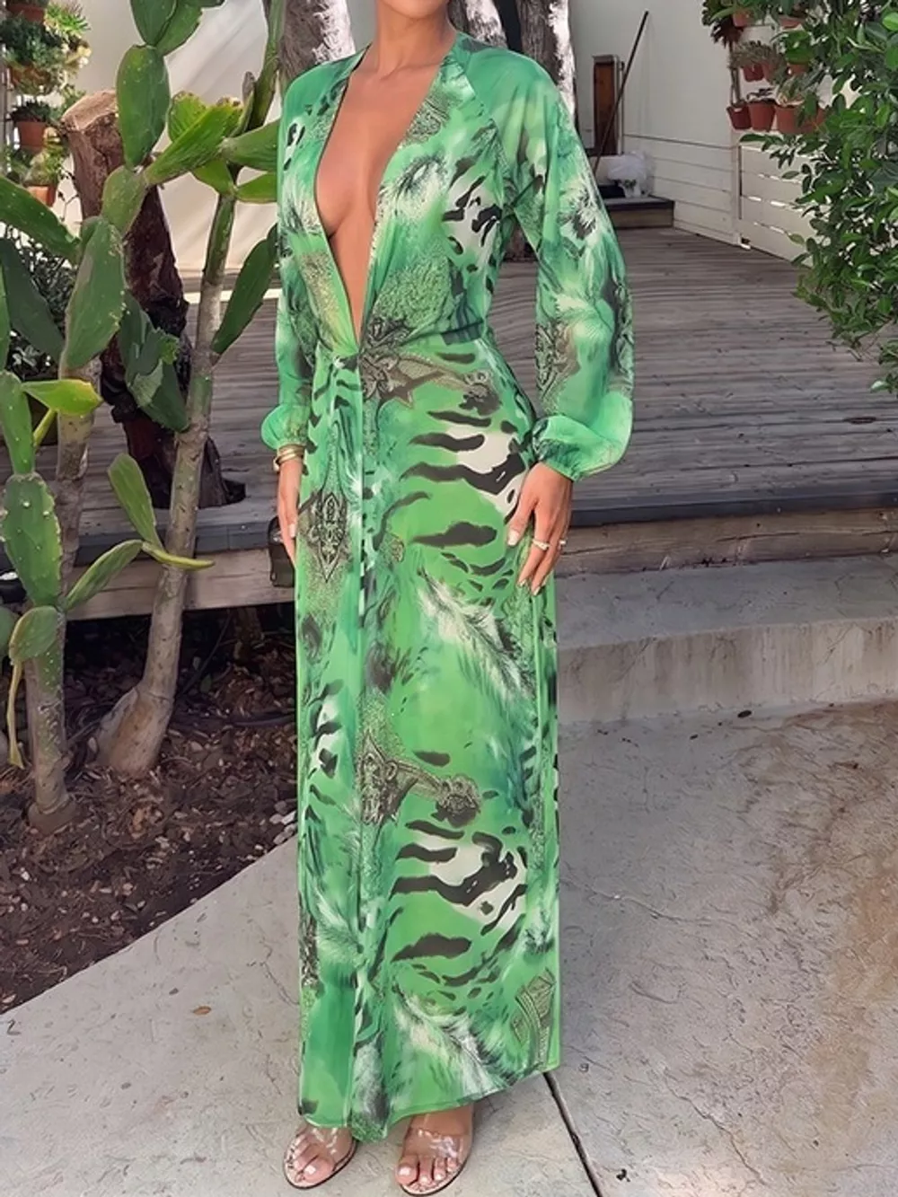 Deep V-Neck Long Sleeve Printed Maxi Dress, image 3