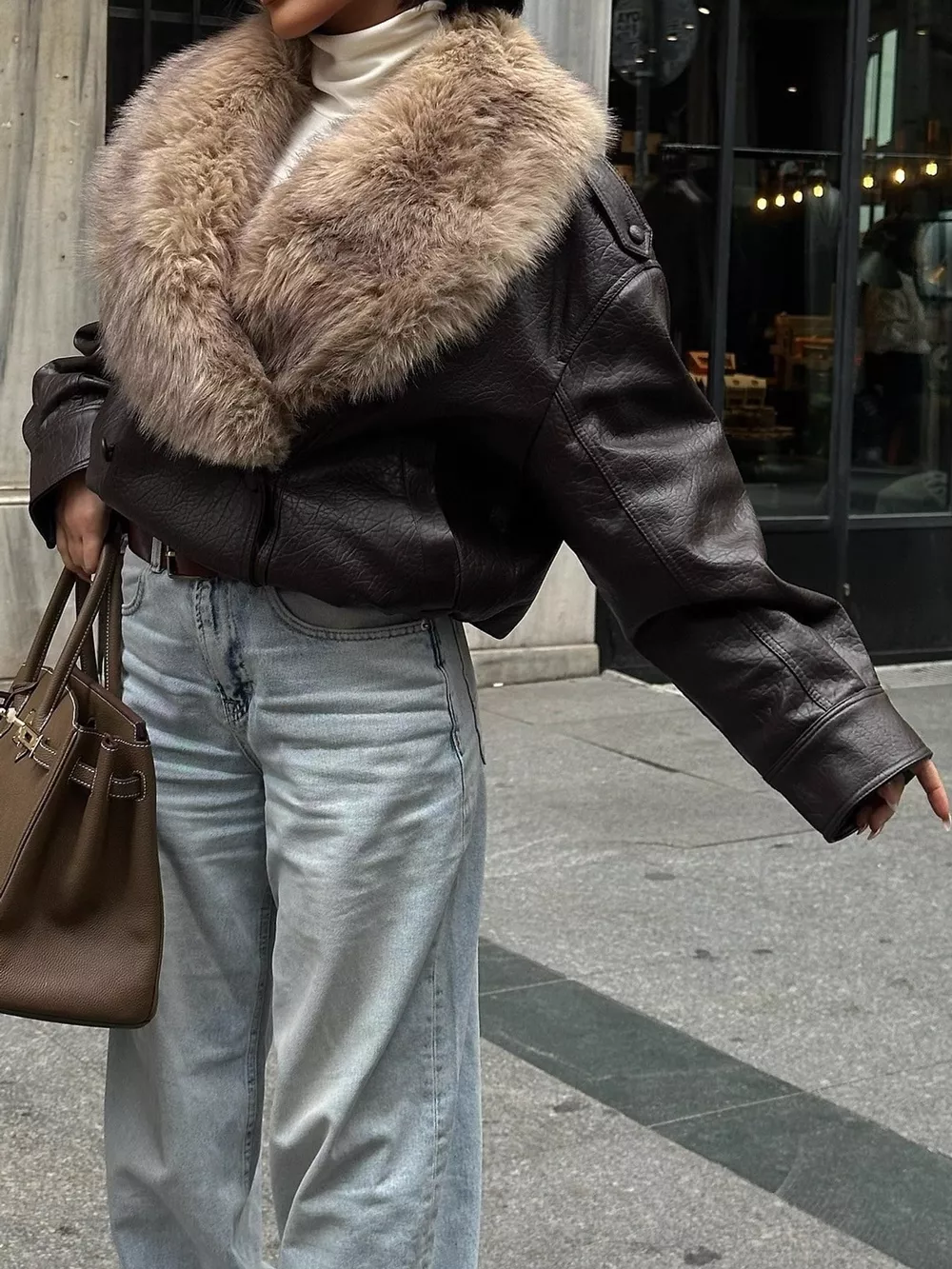 Faux Fur Collar Leather Bomber Jacket, image 4