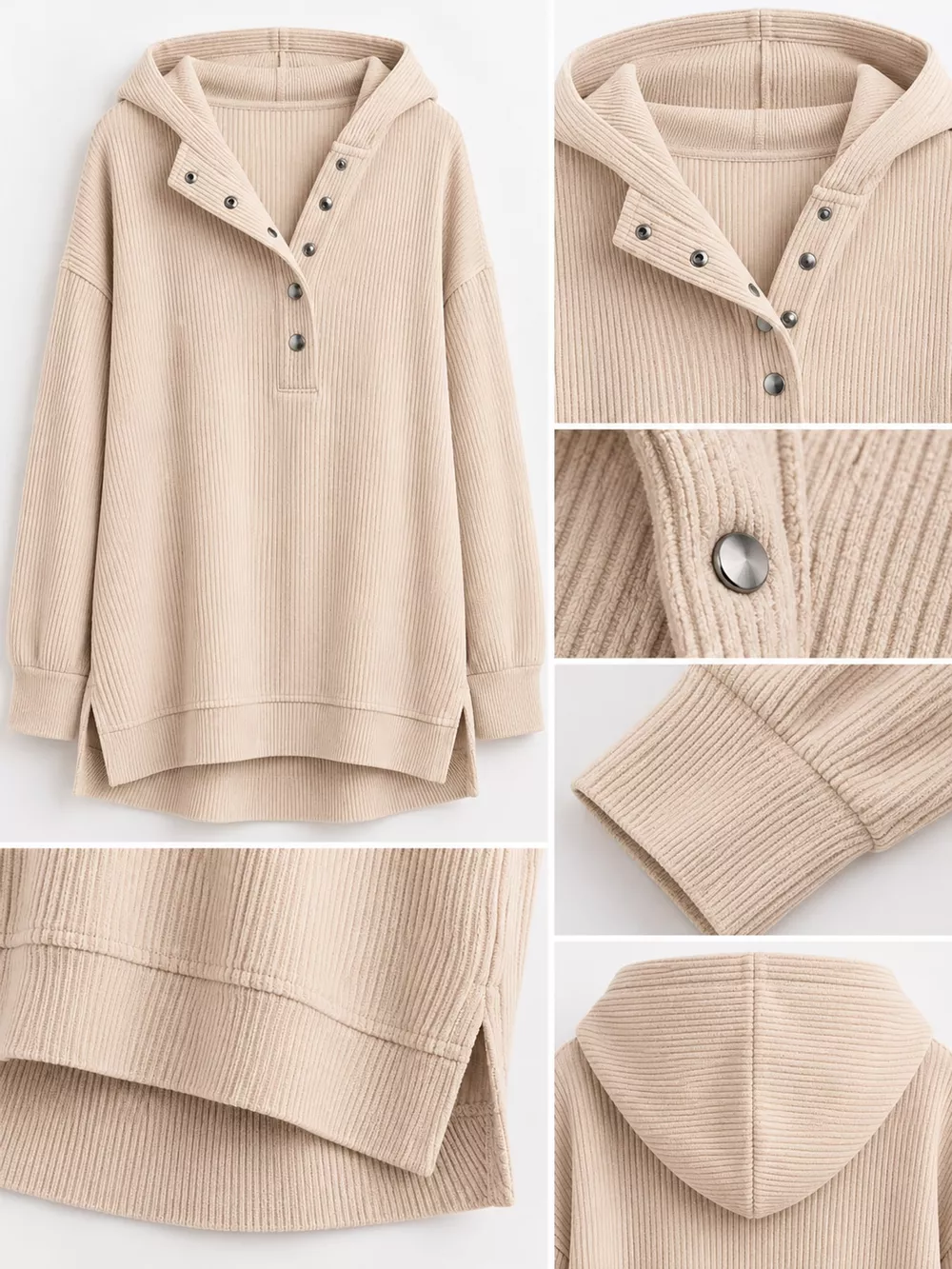 Full Size Snap Button Placket Dropped Shoulder Hoodie Plus Size, image 32