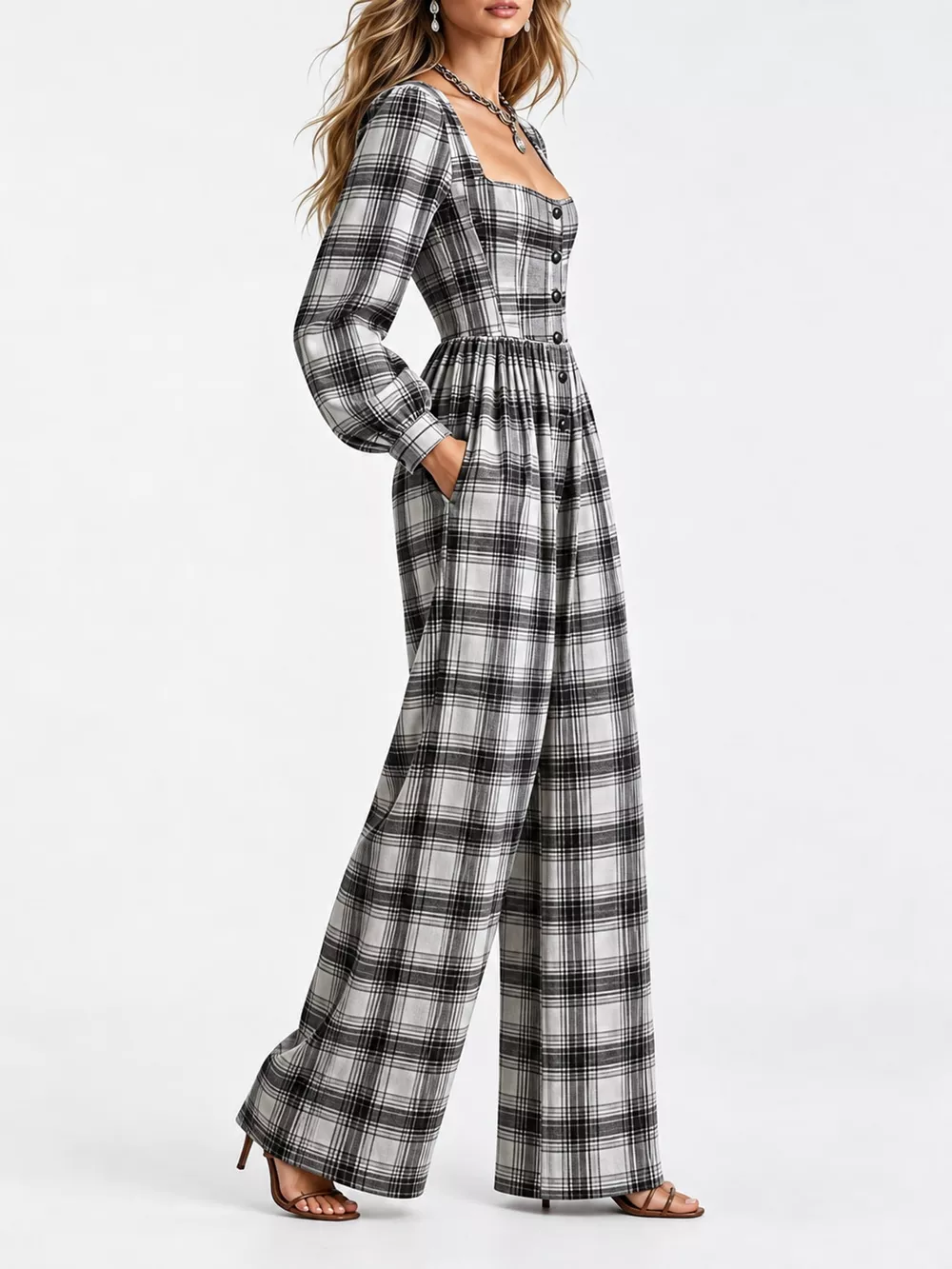 Plaid Square Neck Long Sleeve Wide-Leg Jumpsuit, image 11