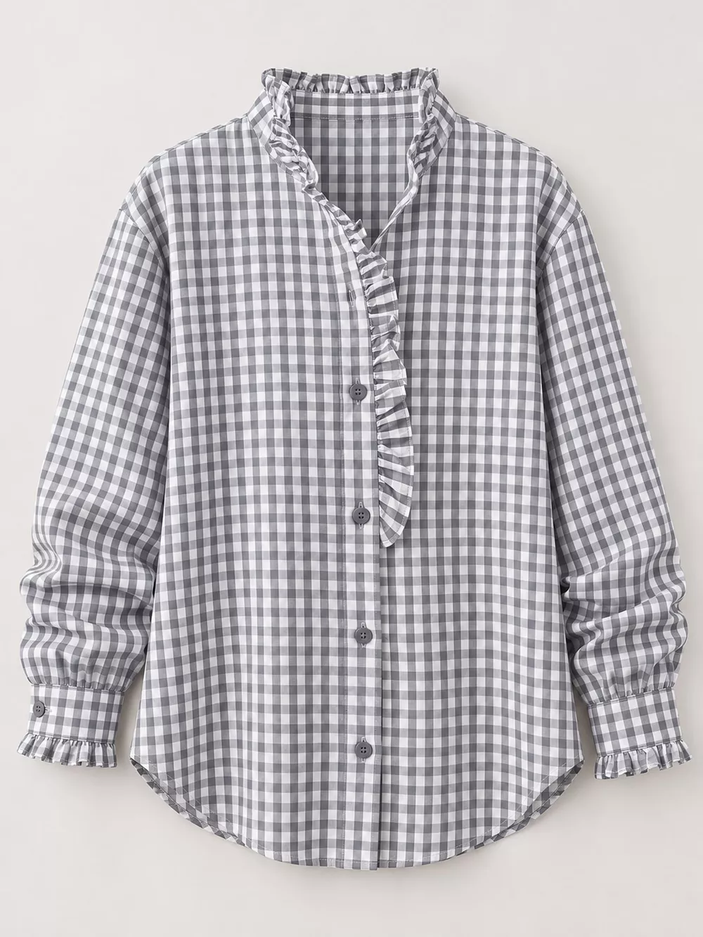 Gingham Ruffle Trim Stand Collar Shirt, image 8