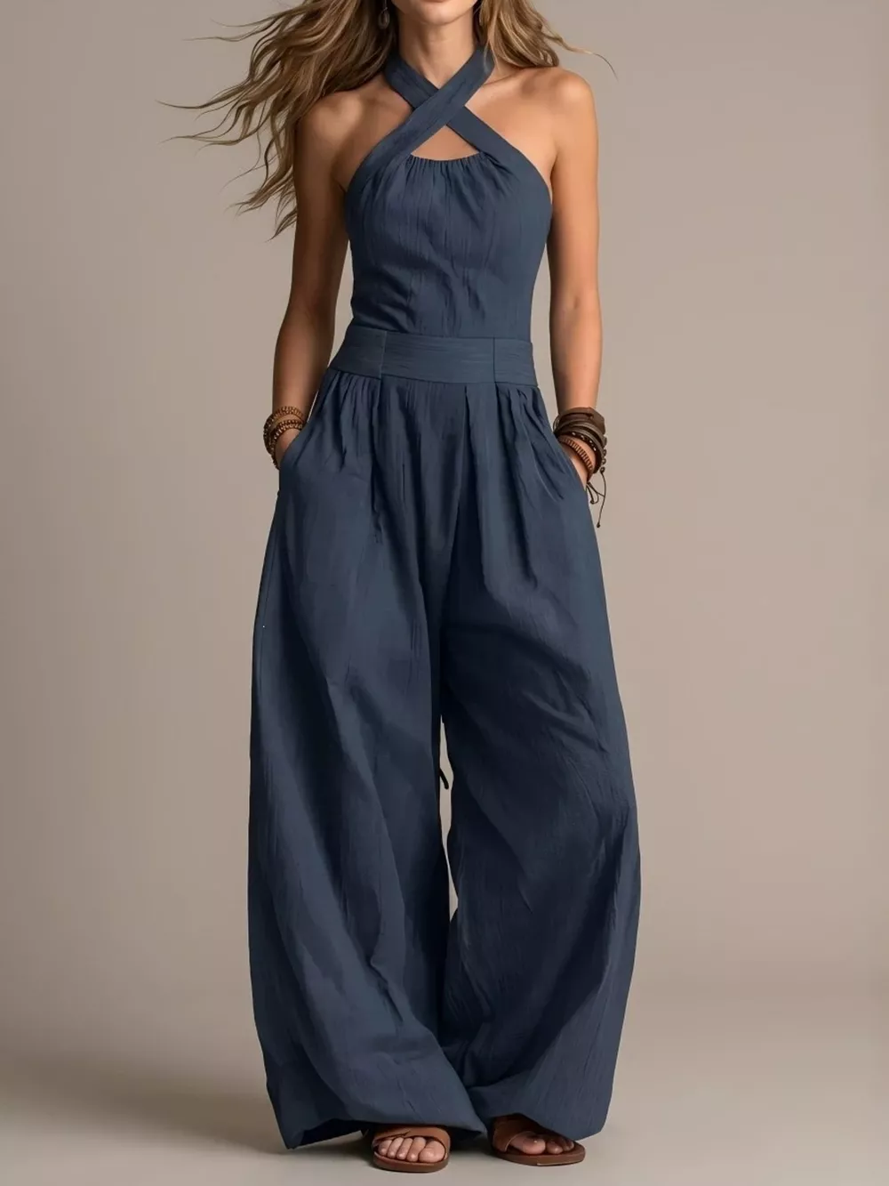 Full Size Halter Neck Wide-Leg Jumpsuit Plus Size, image 12