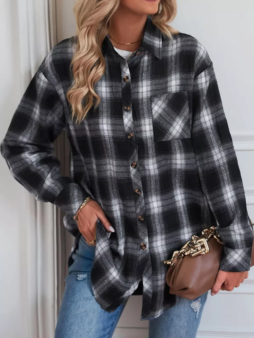Plaid Button-Down Oversized Shirt, image 3