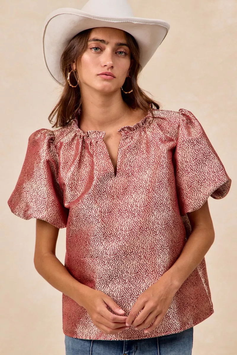 Jacquard Woven Short Balloon Sleeves V Neck Top, image 14