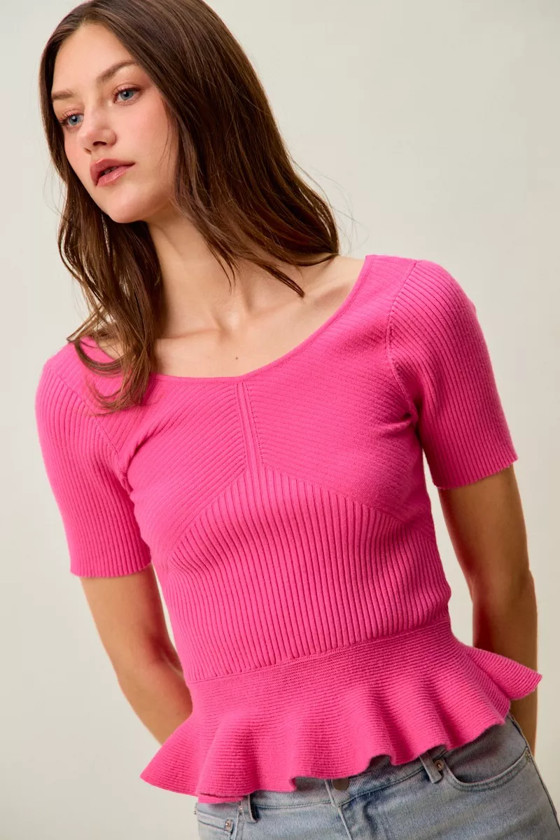 Ribbed Knit Short Sleeves Peplum Sweater Top, image 18