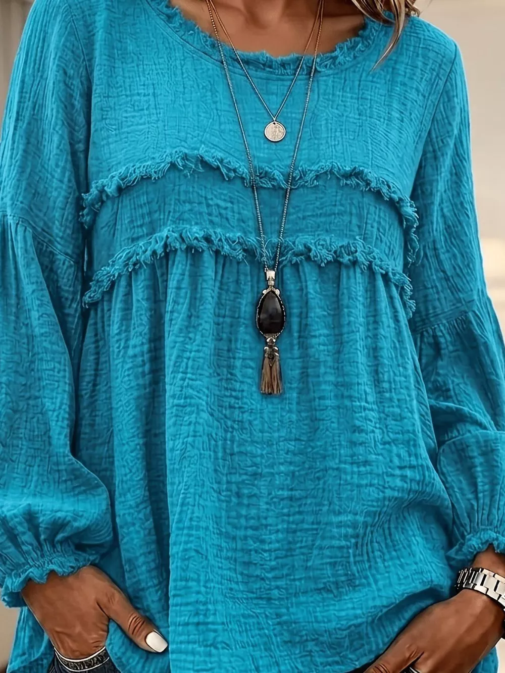 Full Size Boho Chic Textured Frayed Trim Peplum Blouse Plus Size, image 34