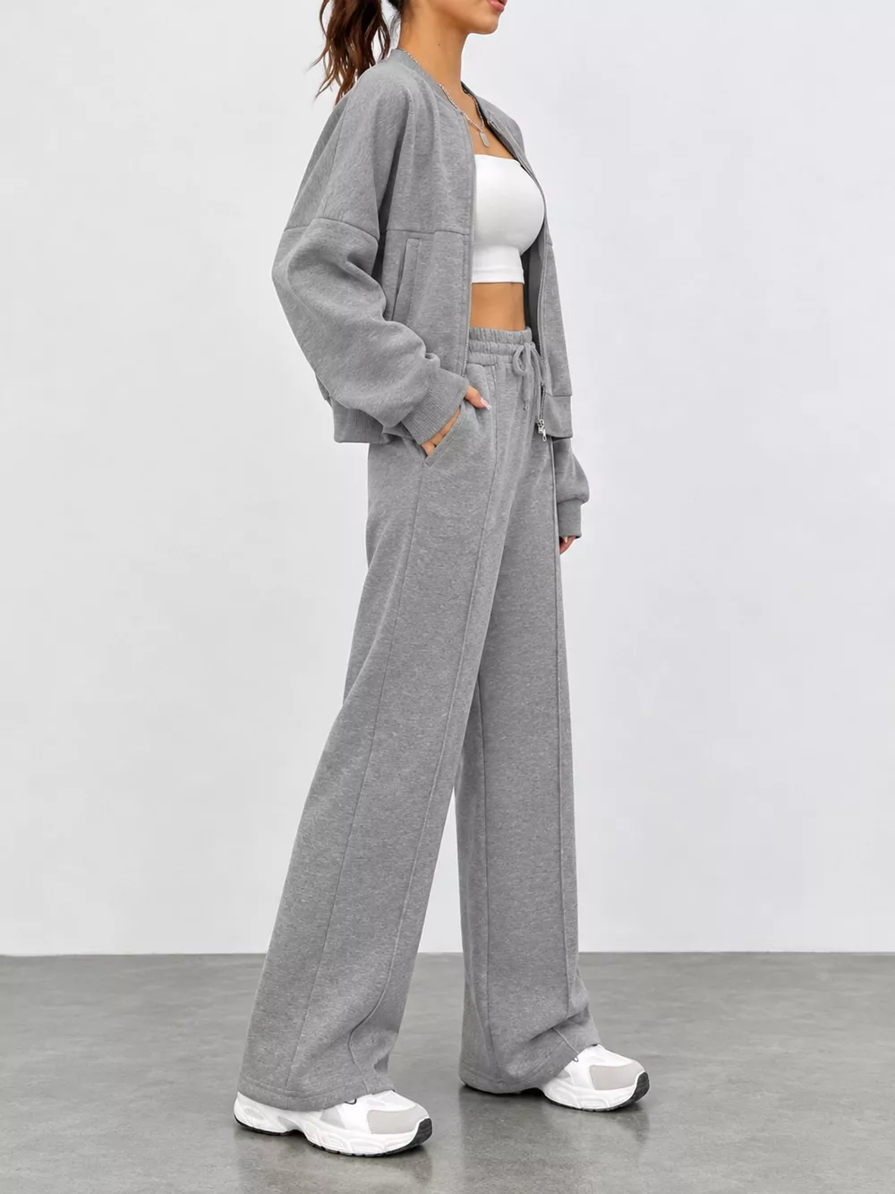 Casual Zip-Up Jacket and Wide-Leg Sweatpants Set, image 17