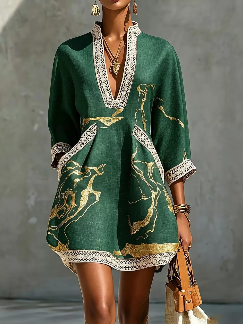 Notched 3/4 Sleeve Mini Dress, image 29