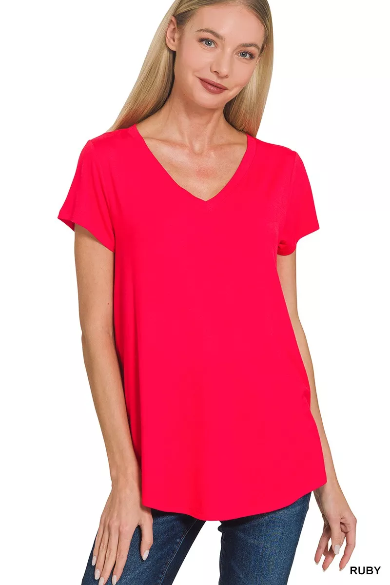Rayon Short Sleeve V-neck Round Hem Top