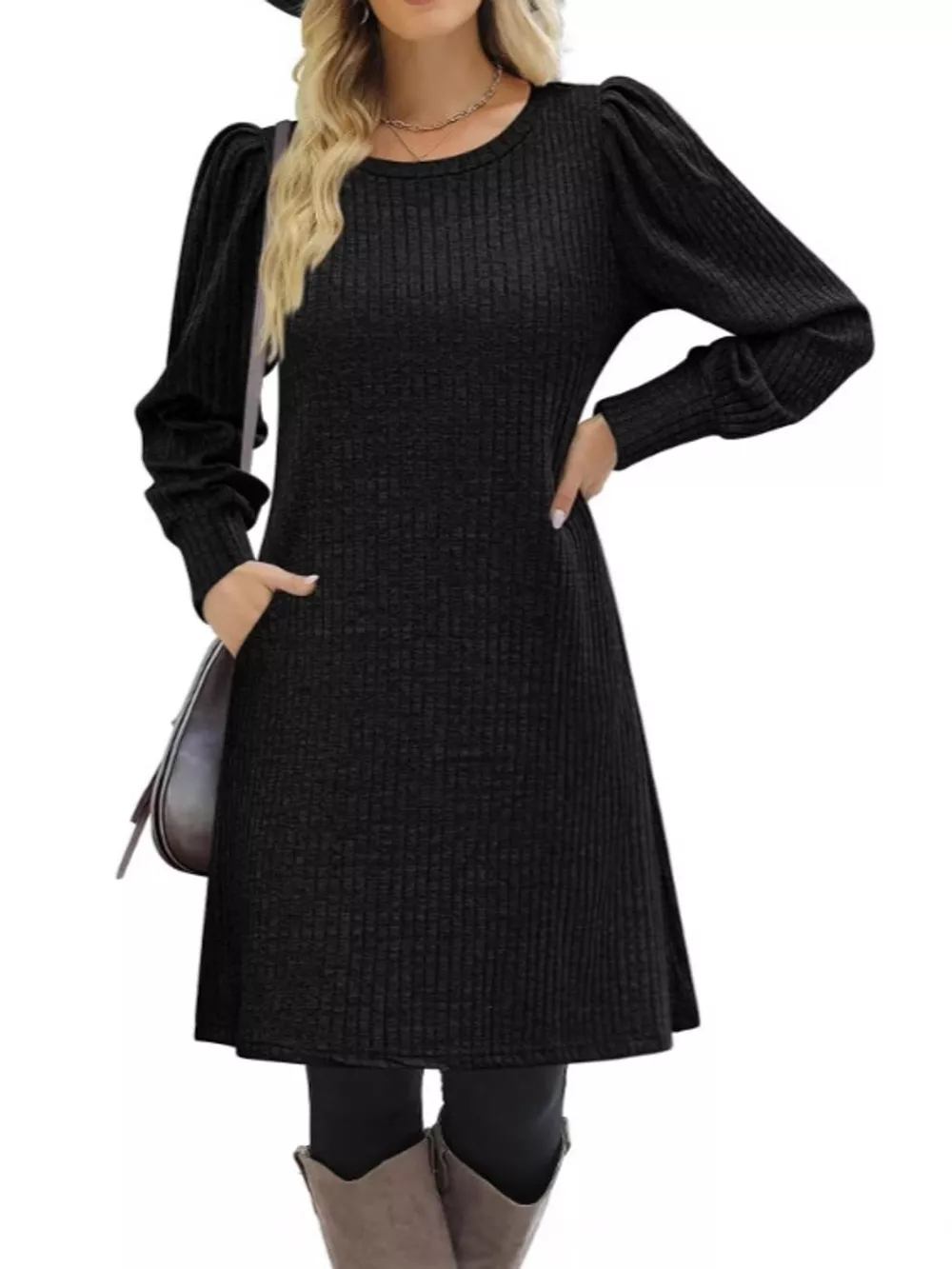 Puff Sleeve Ribbed Knit Dress with Pockets, image 8