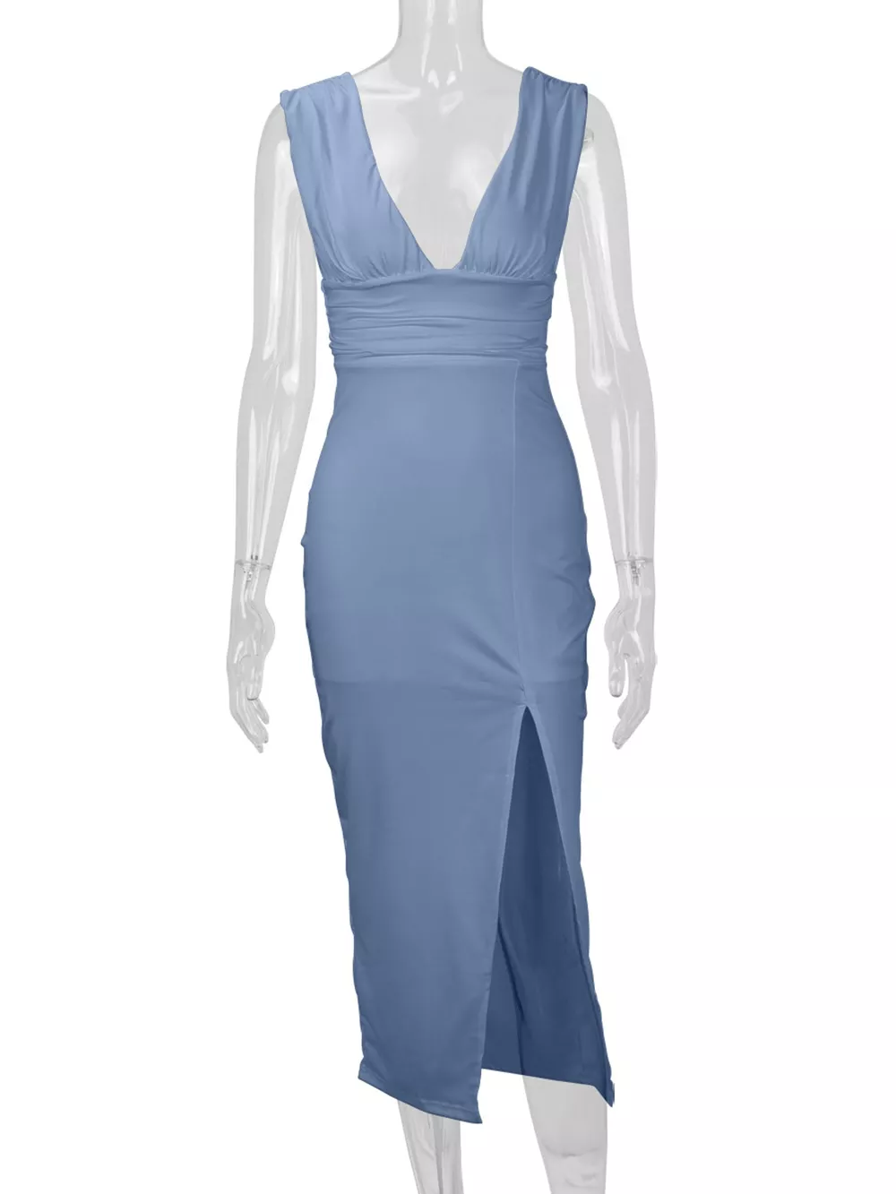 Sleeveless Deep V-Neck Ruched High Slit Bodycon Dress, image 15