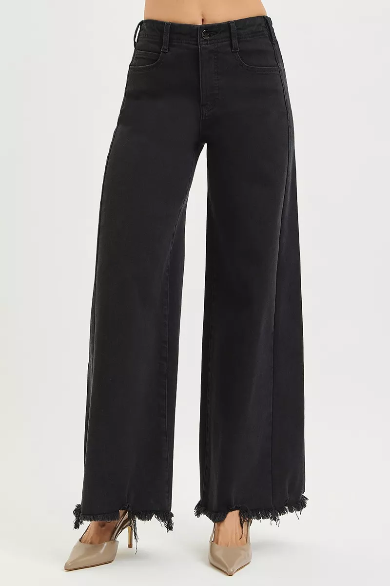 Tummy Control High Rise Palazzo Leg Frayed Hem Jeans, image 6