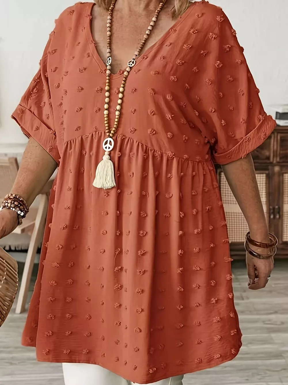 Plus Size Swiss Dot V-Neck Casual Blouse, image 49