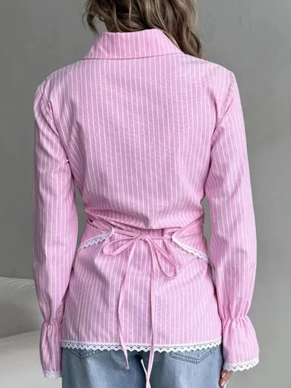 Lace Trim Long Sleeves Striped Shirt, image 3