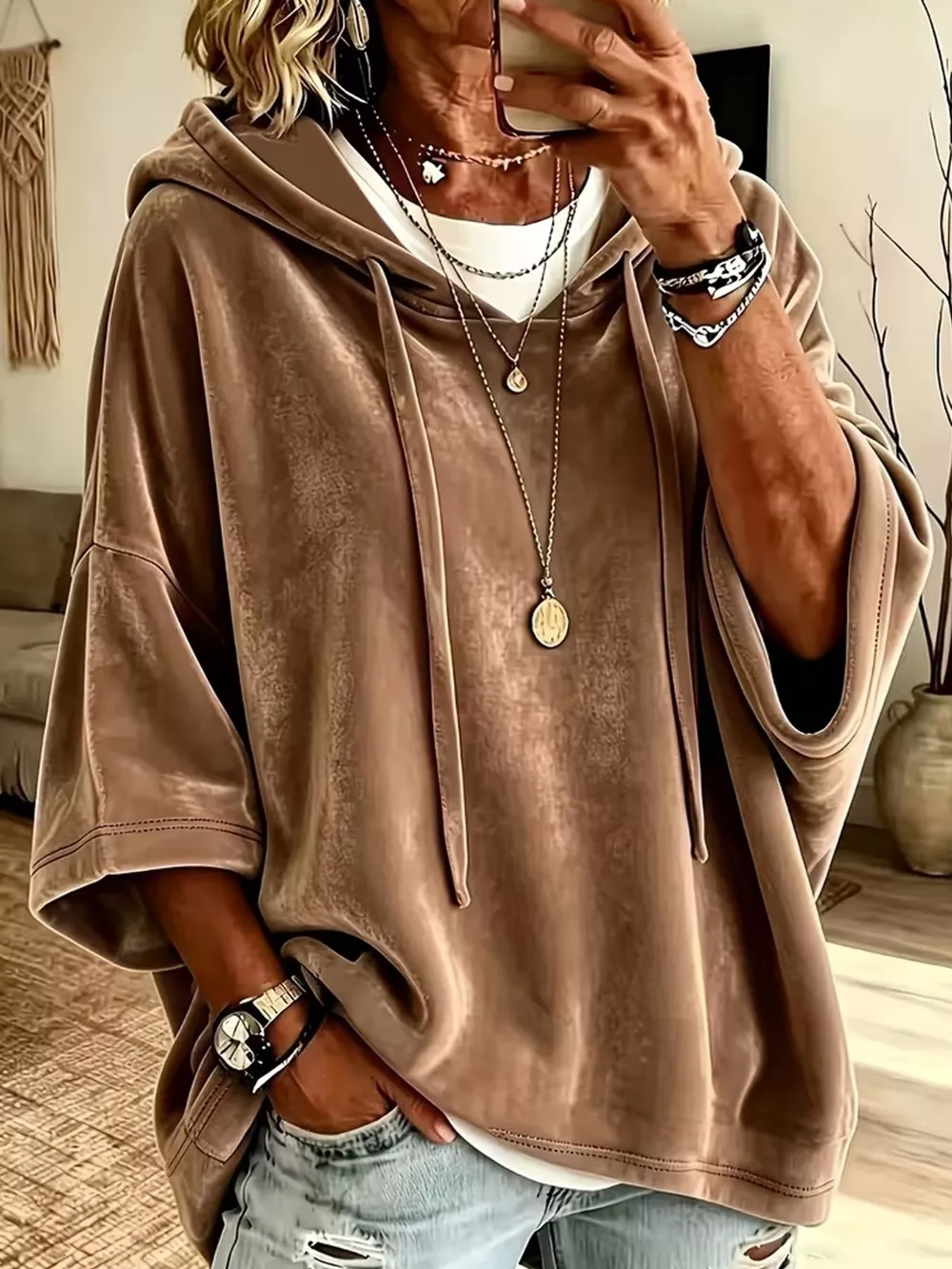 Full Size Velvet Short Sleeve Hoodie Plus Size, image 23
