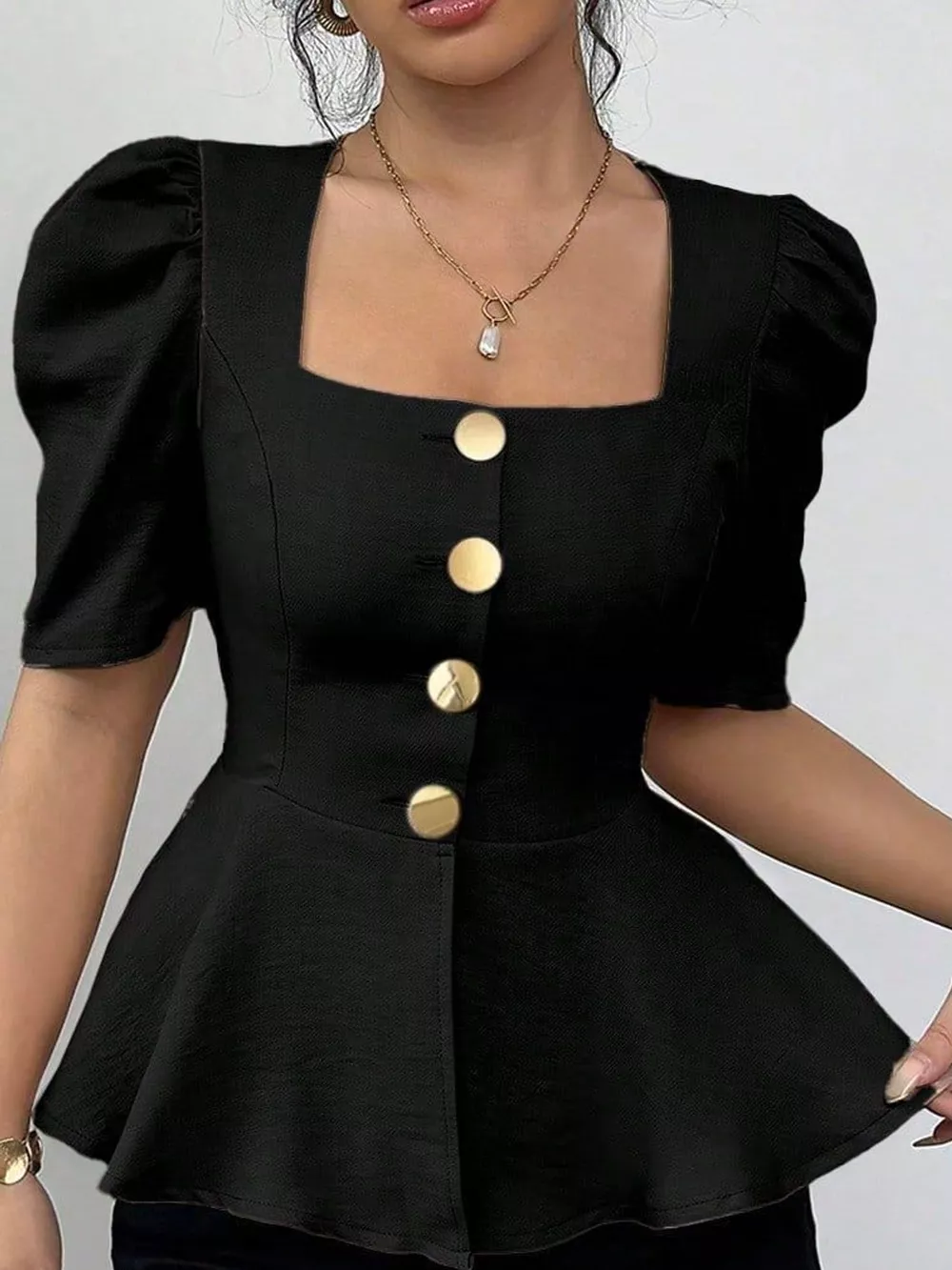 Square Neck Puff Sleeve Peplum Blouse, image 4