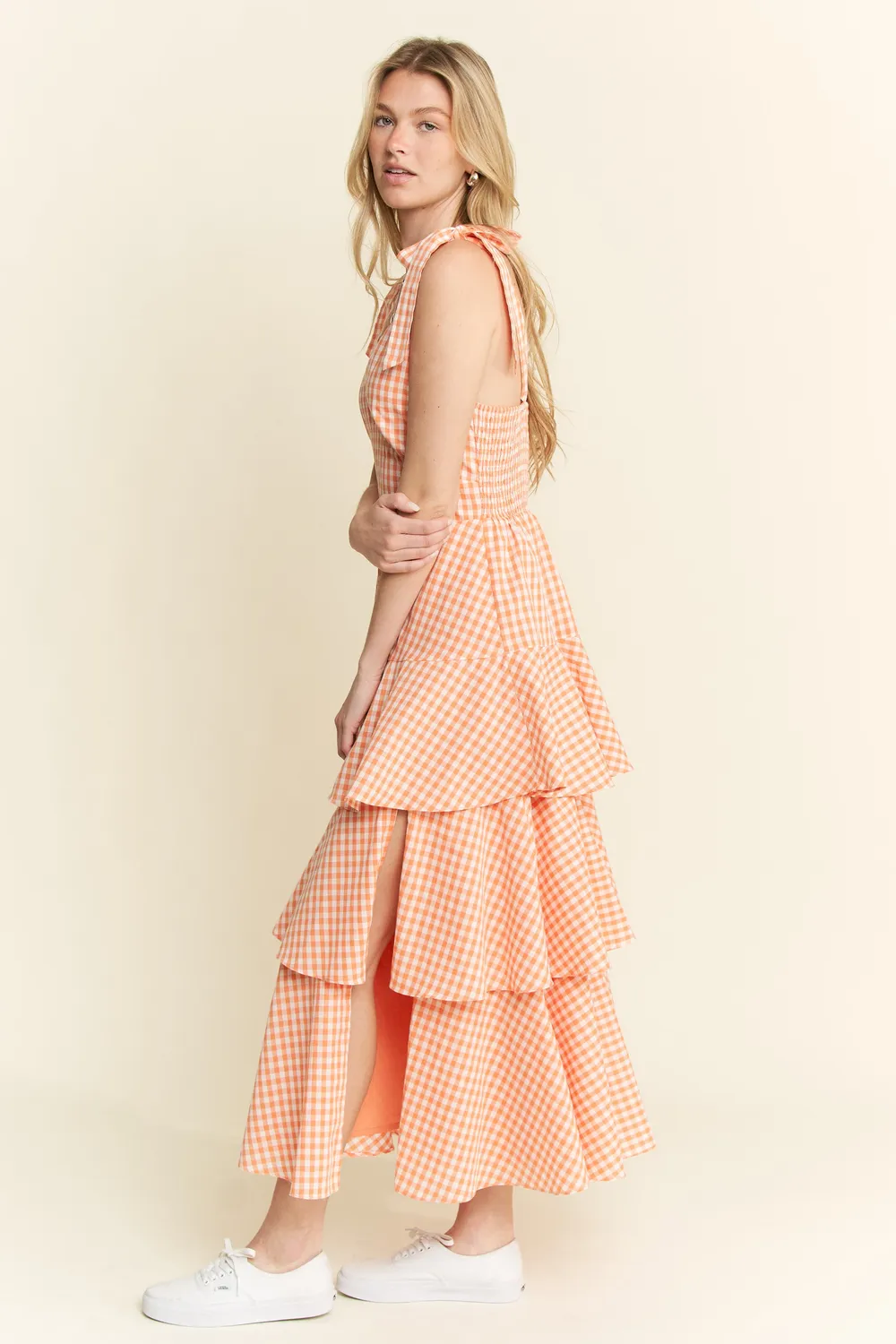 Sleeveless Gingham Print Tiered Midi Dress, image 5