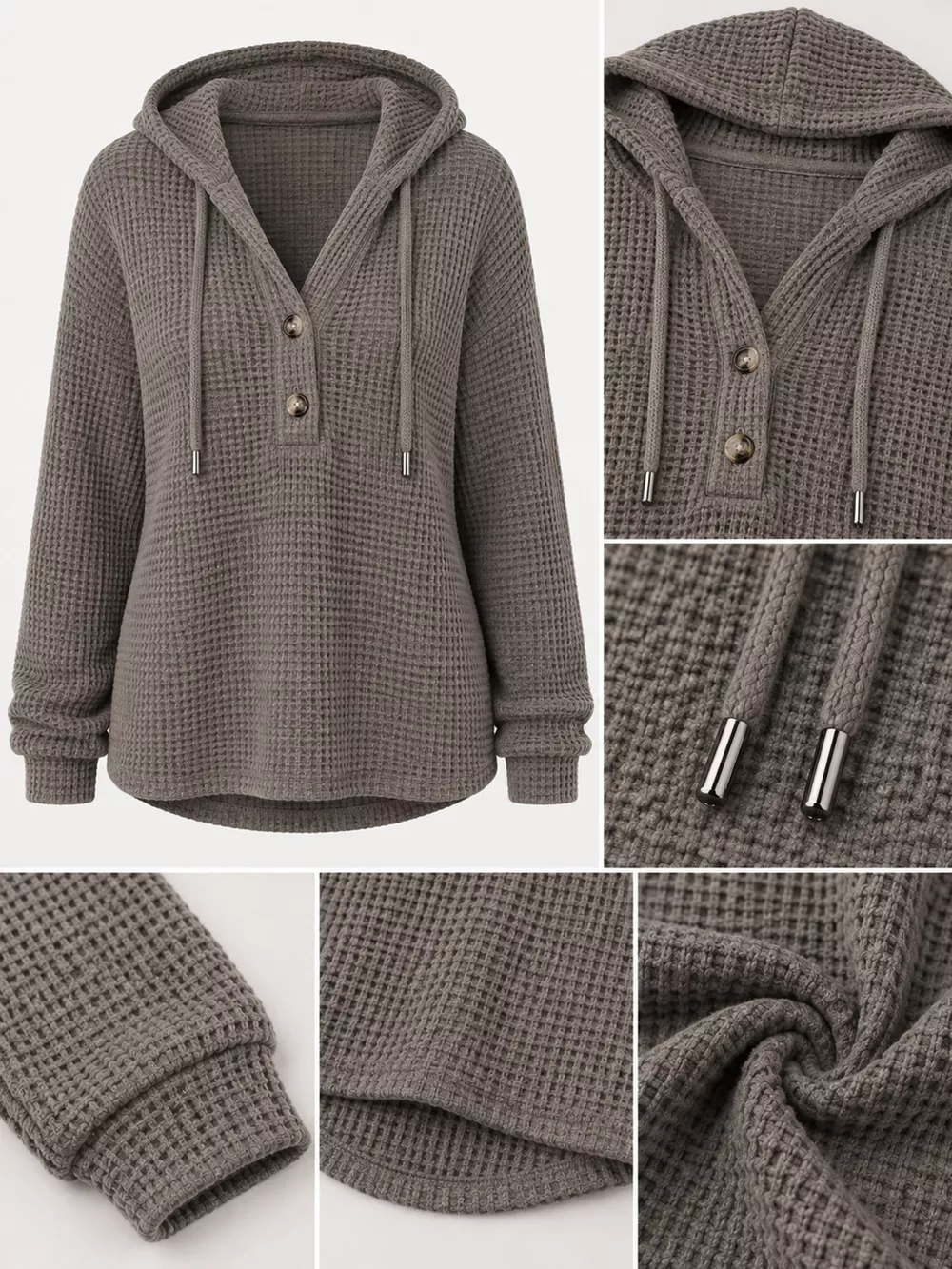 Full Size Waffle Knit Button Detail Hoodie Plus Size, image 63