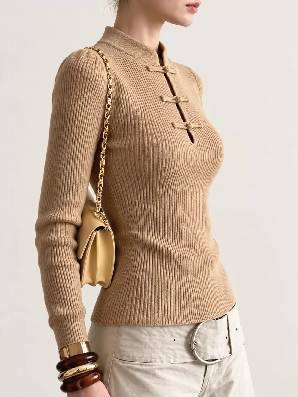 Chinese-Style Button Ribbed Knit Top, image 8