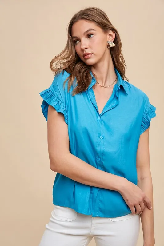 Relaxed Fit Ruffle Sleeve Woven Blouse Top