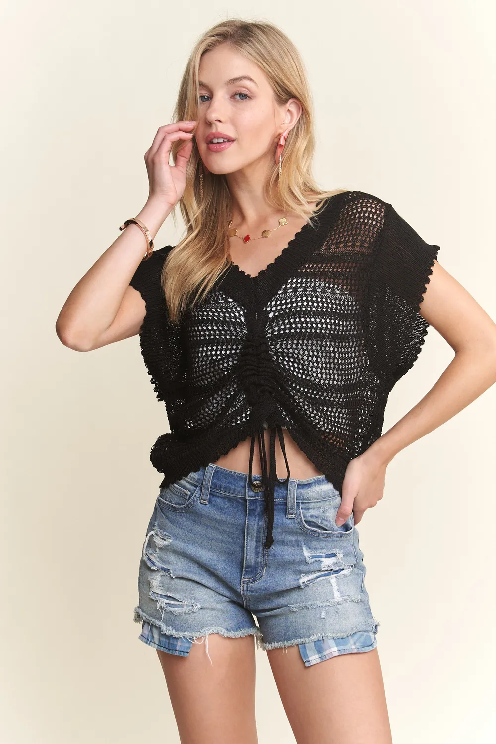 Drawstring Detail Crochet Top, image 5