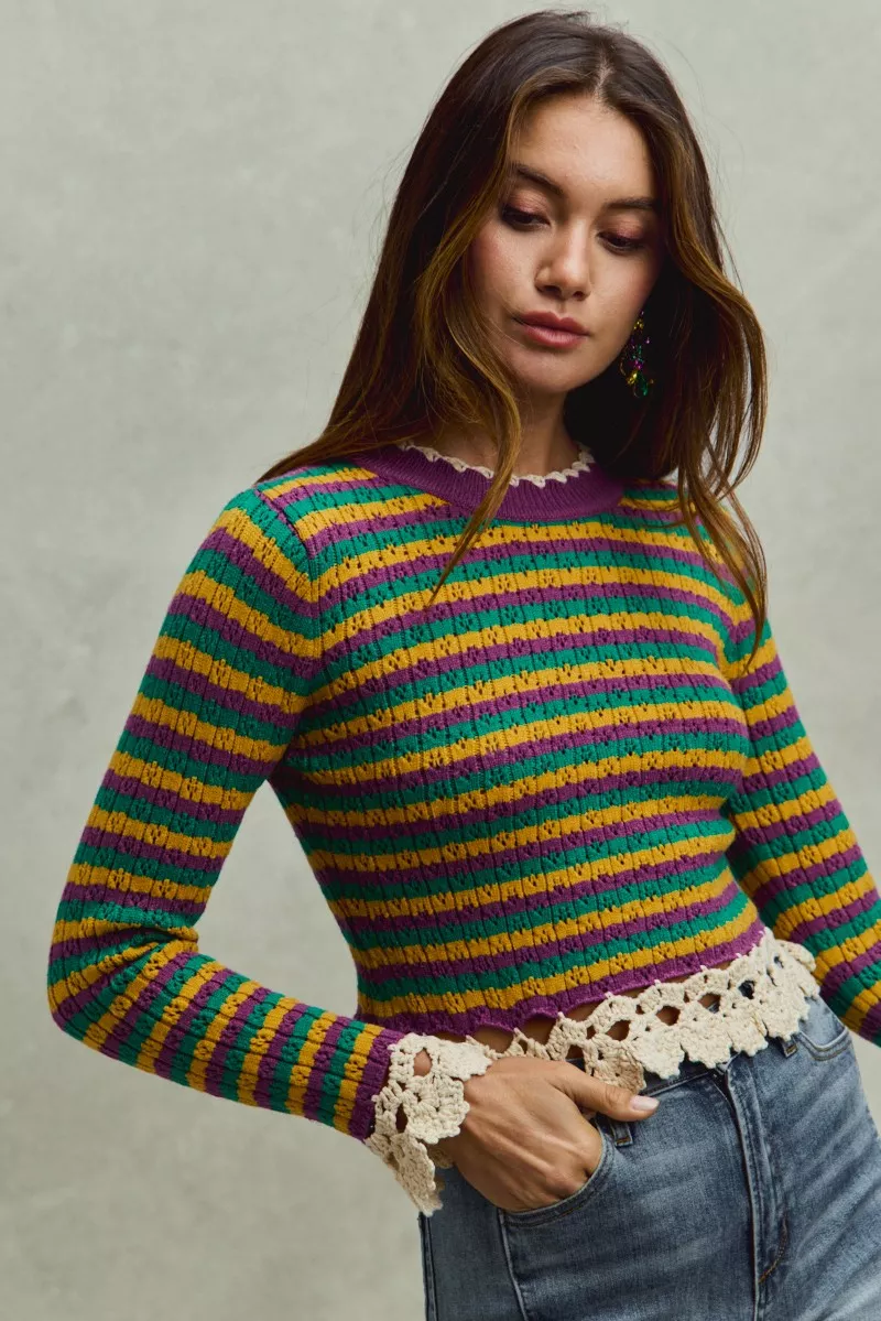 Mardi Gras Striped Cropped Knit Top with Crochet Edge, image 8