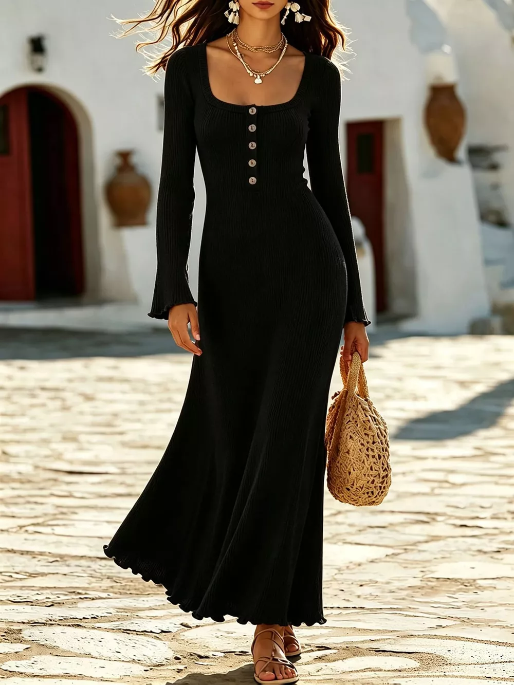 Button-Front Ribbed Knit Maxi Dress, image 7