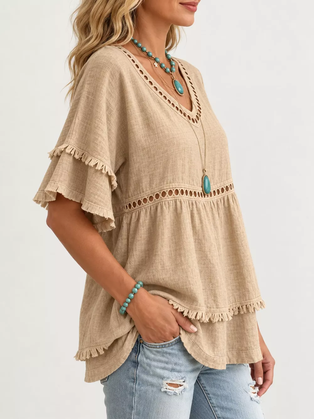 Full Size Frayed Hem V-Neck Blouse Plus Size, image 2