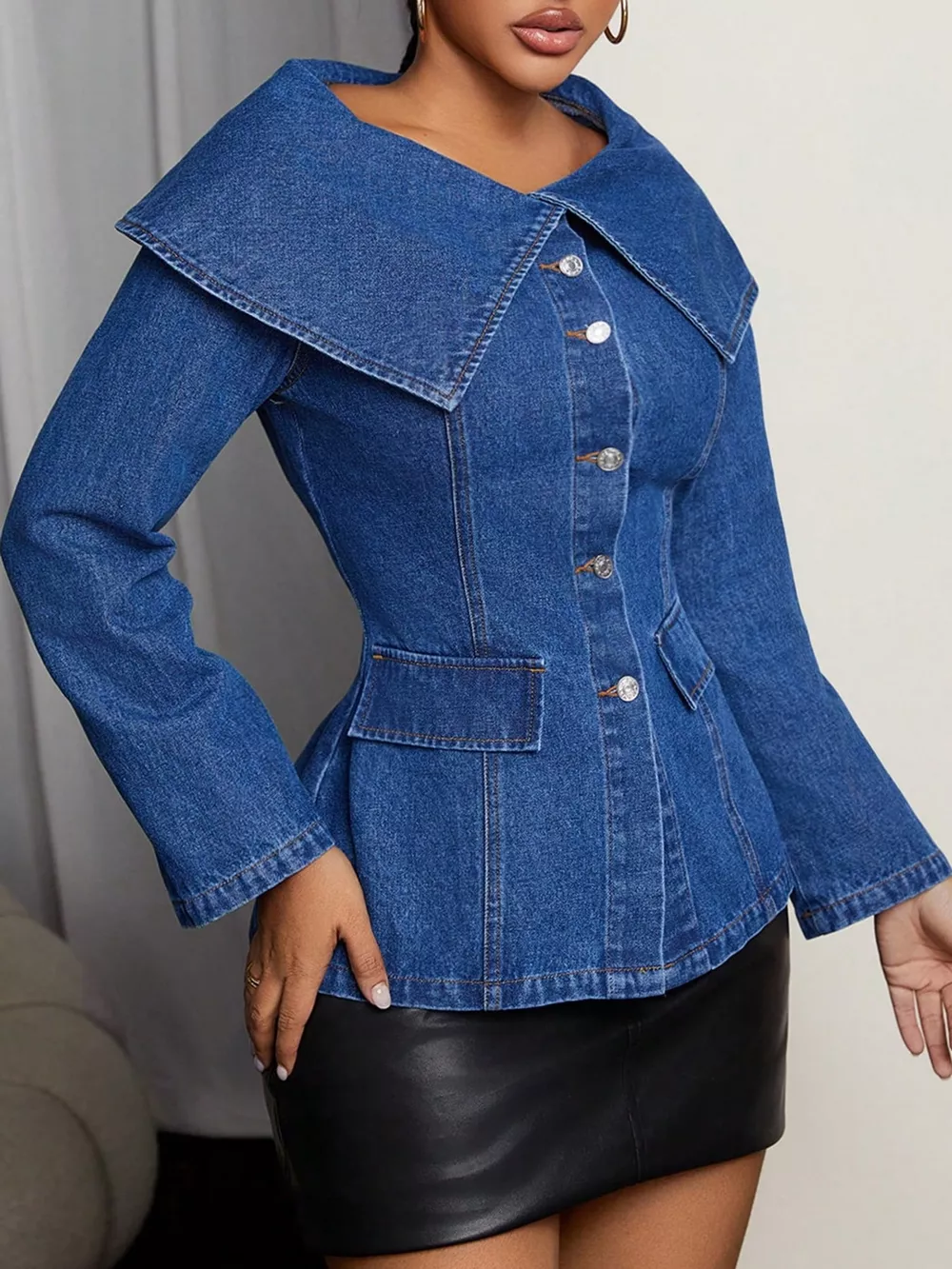 Wide Collar Slim Fit Denim Jacket, image 3