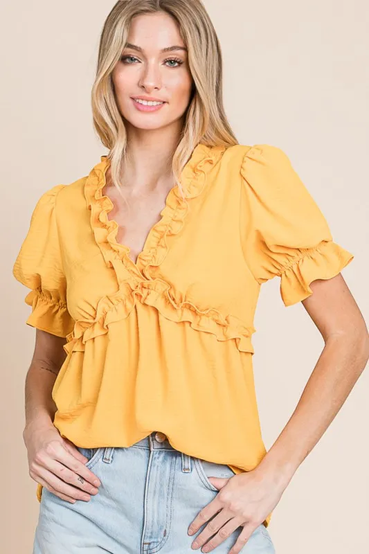 Solid Ruffled Deep V-Neck Puff Sleeve Babydoll Top