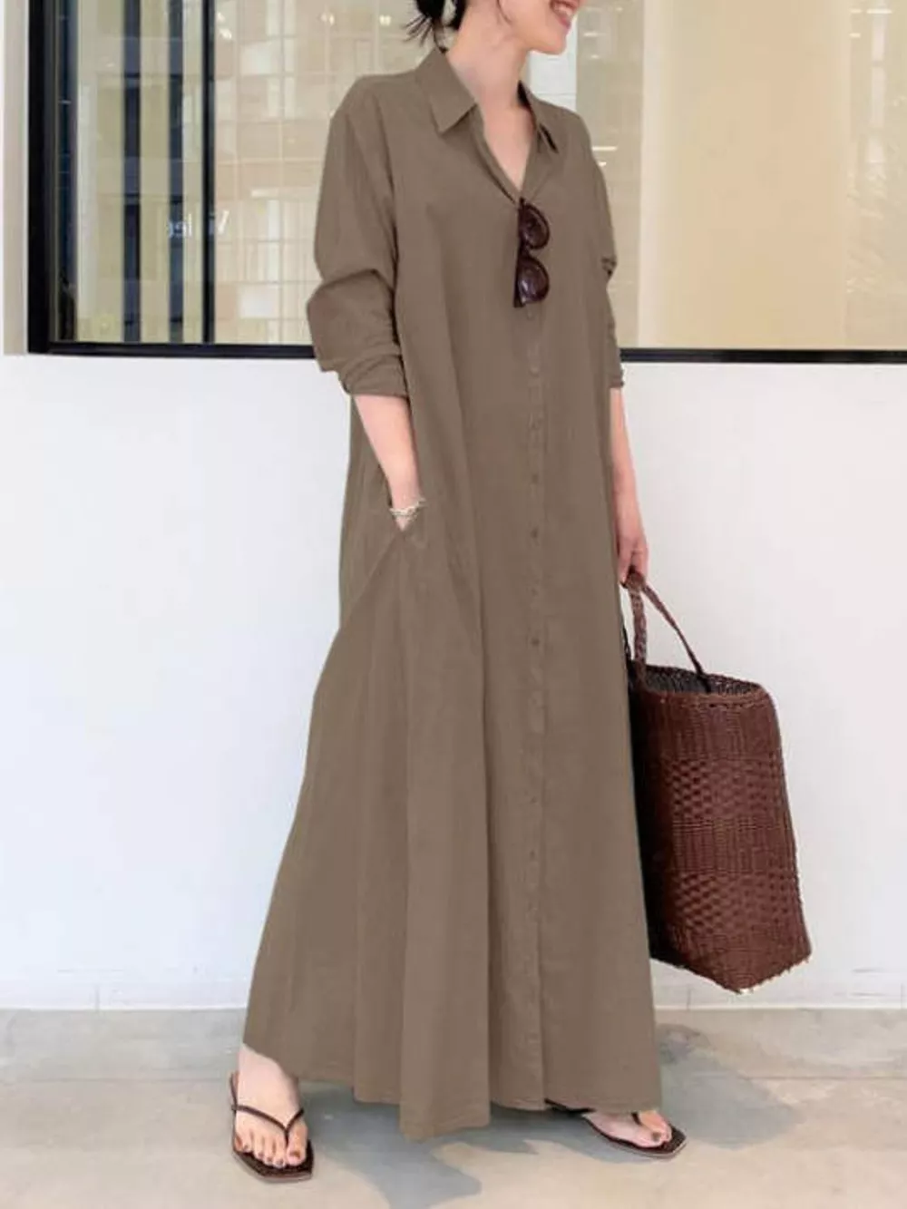 Full Size Button Front Long Sleeve Maxi Shirt Dress Plus Size, image 39