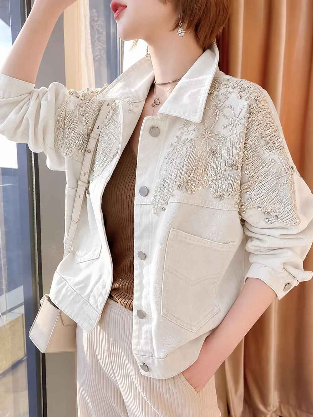 Embellished Rhinestone Snowflake Denim Jacket, image 6