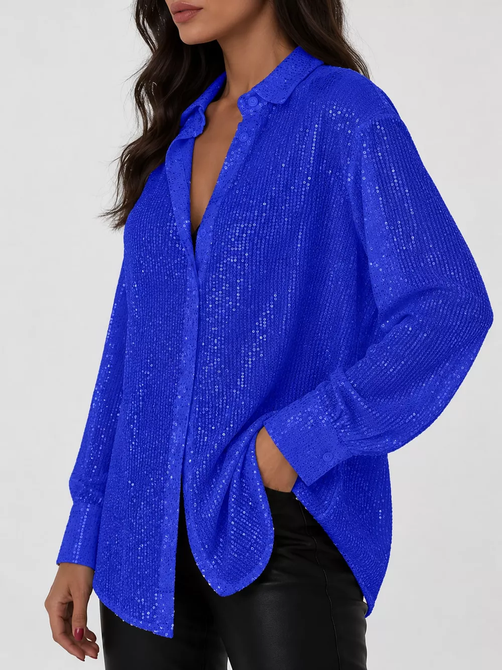 Full Size Sequin Button-Down Shirt Plus Size, image 46