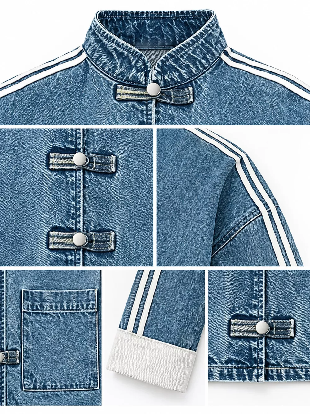 Chinese-Style Button Stand Collar Denim Jacket, image 4