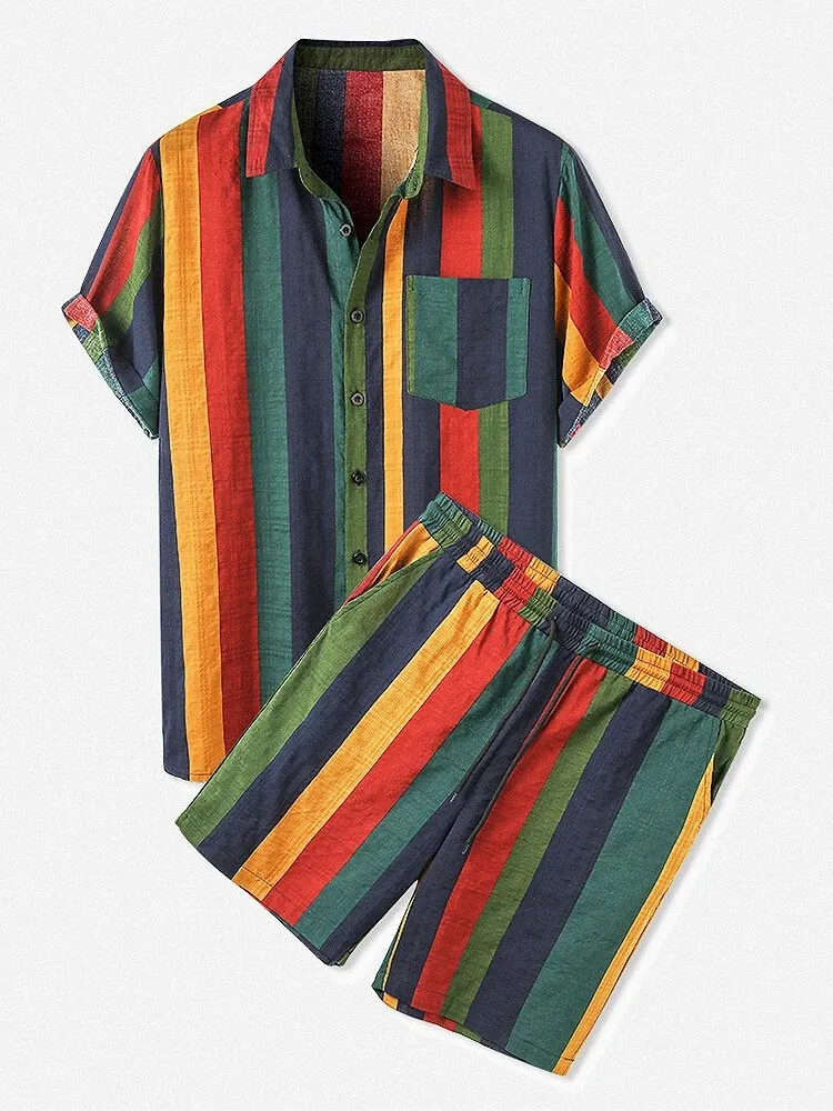 Men's Full Size Striped Button Up Shirt and Shorts Set Plus Size