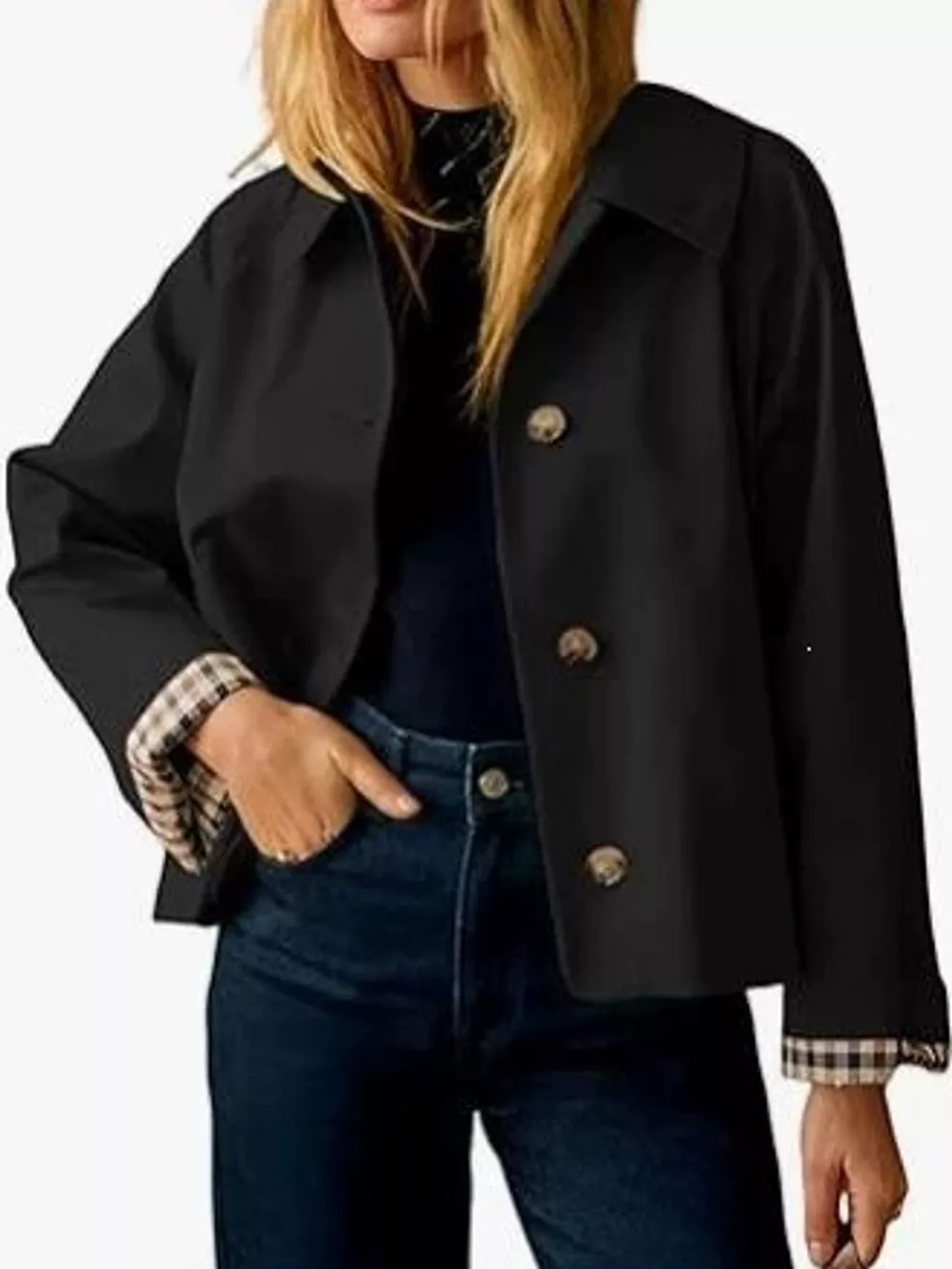 Plaid Cuffs Cropped Trench Outerwear, image 6