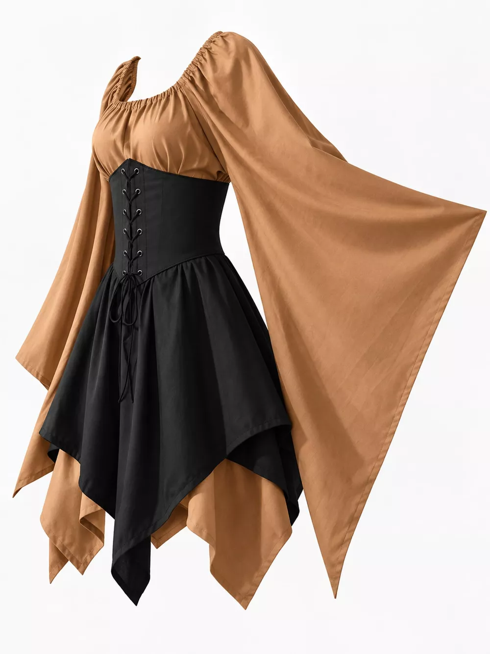 Full Size Lace-Up Flare Sleeve Irregular Hem Dress Plus Size, image 6