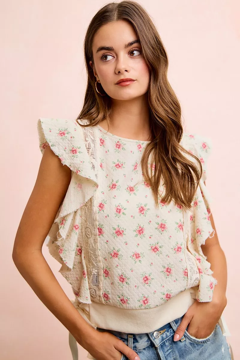 BiBi Flower Printed Ruffle Sleeve Trim Detail Top, image 4