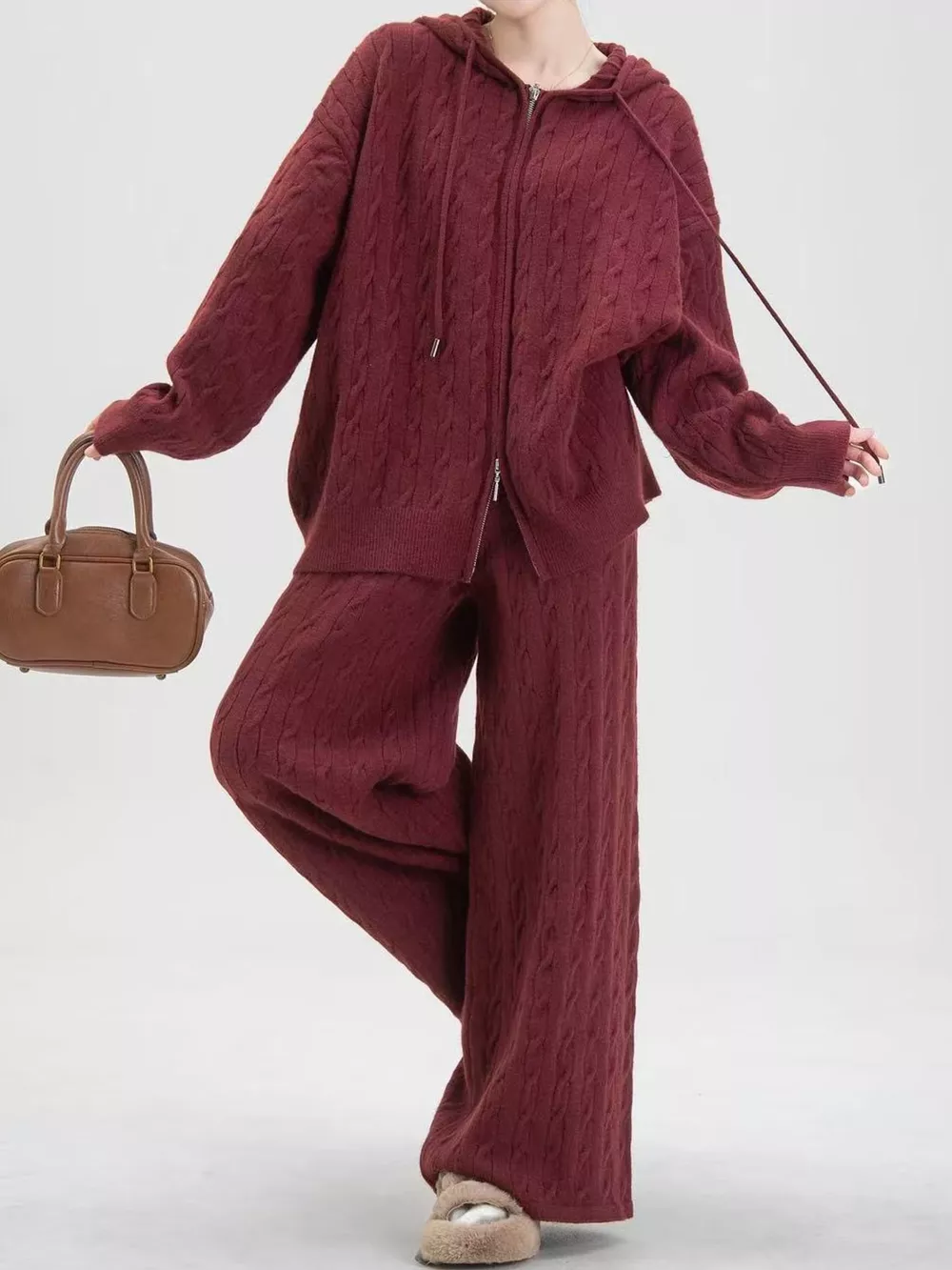 Cable Knit Zip-Up Hooded Cardigan and Wide-Leg Pants Sweater Set, image 22