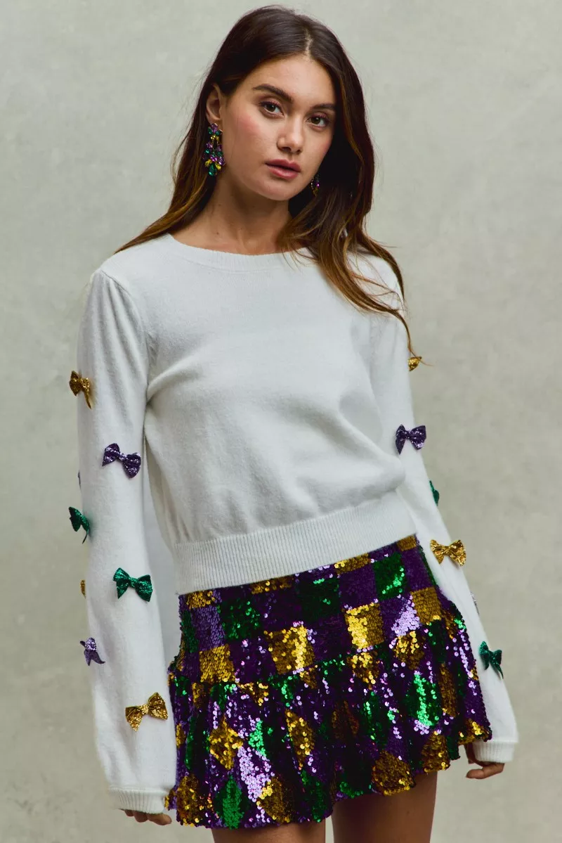 Mardi Gras Glitter Bow Ribbon Sweater Knit Top, image 15