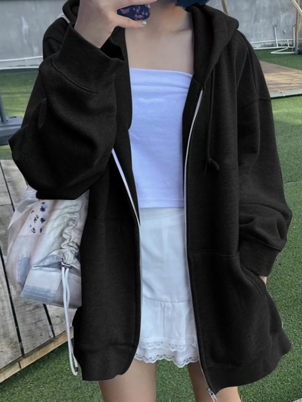 Full Size Zip-Up Dropped Shoulder Hoodie Plus Size, image 7