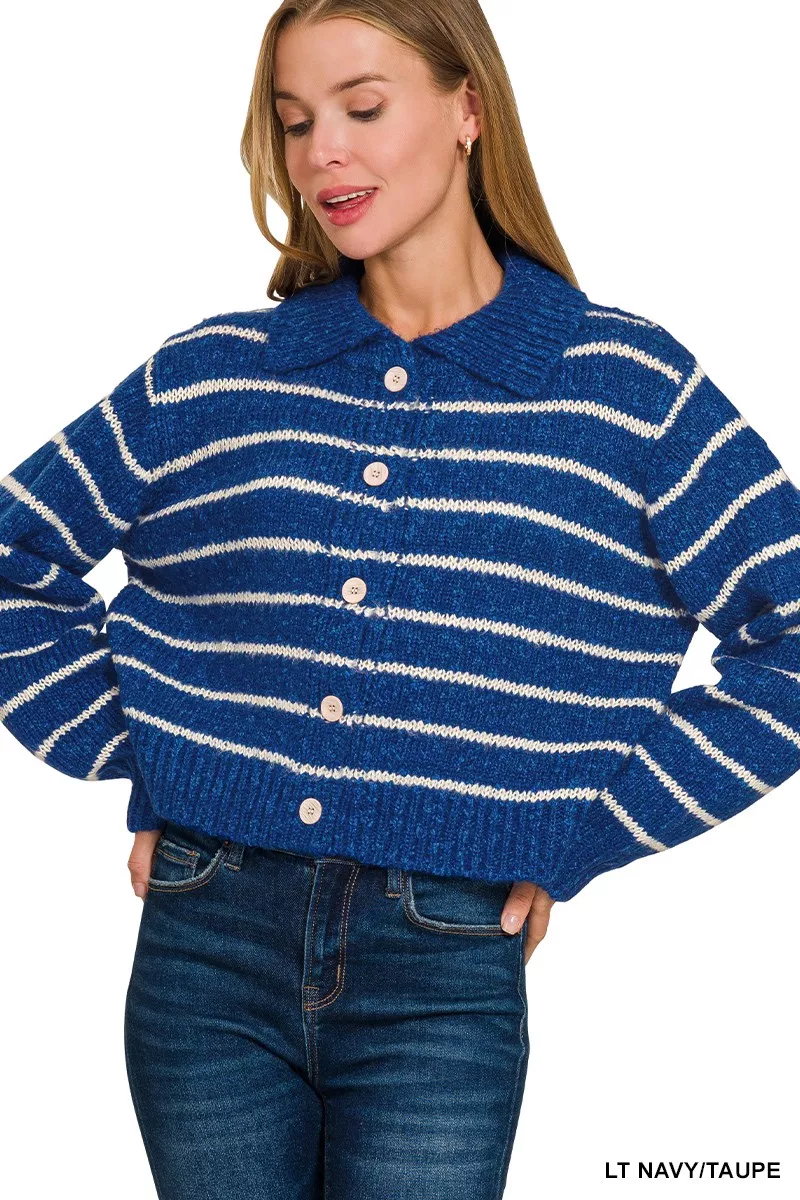 Striped Collared Button Down Sweater Cardigan