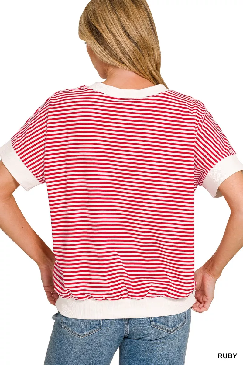 Stripe Contrast Trim Banded Bottom Top, image 4