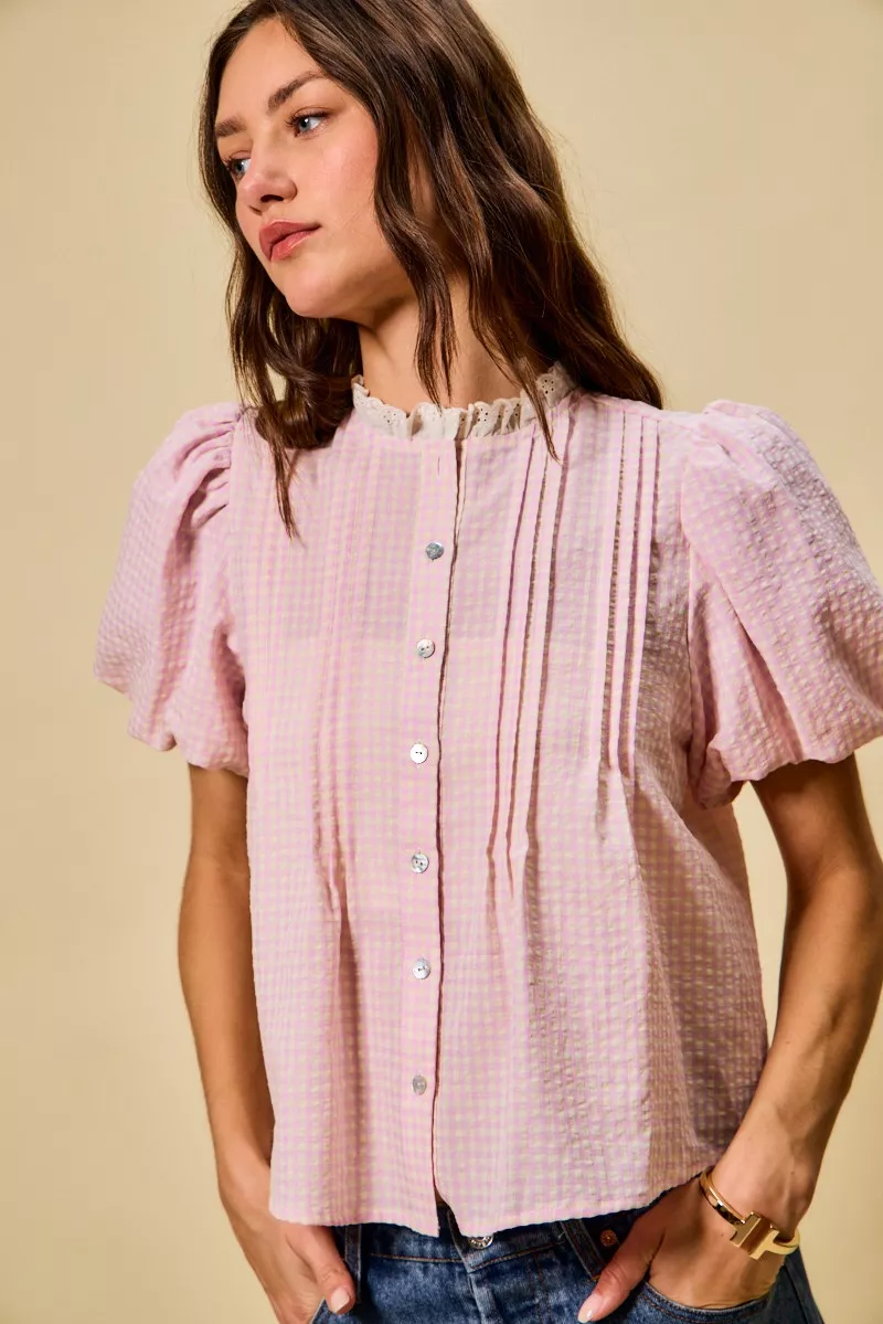 Gingham Lace Trim Button Bubble Sleeves Blouse, image 2
