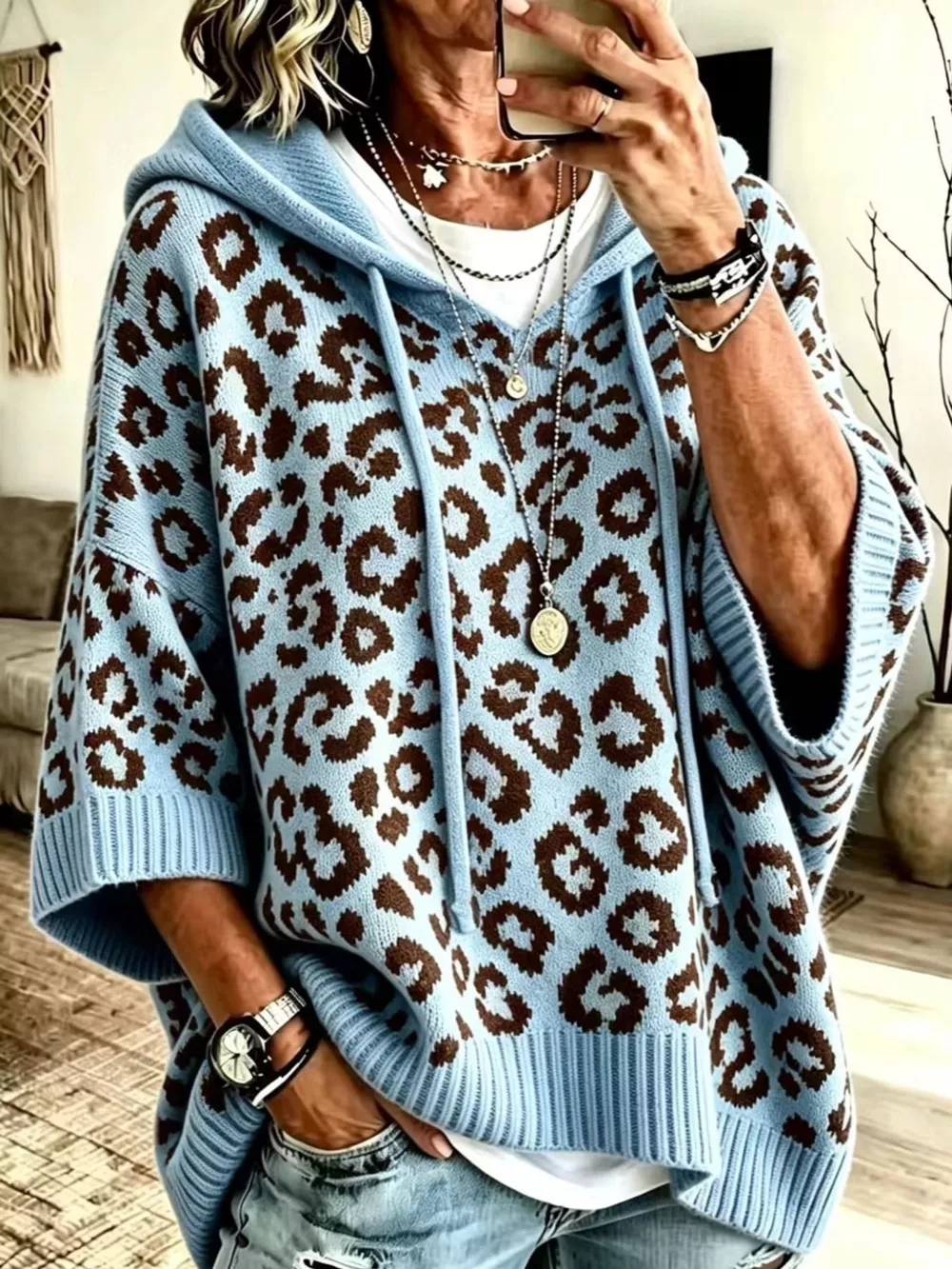 Full Size Leopard Print Hooded Knit Sweater Plus Size, image 5