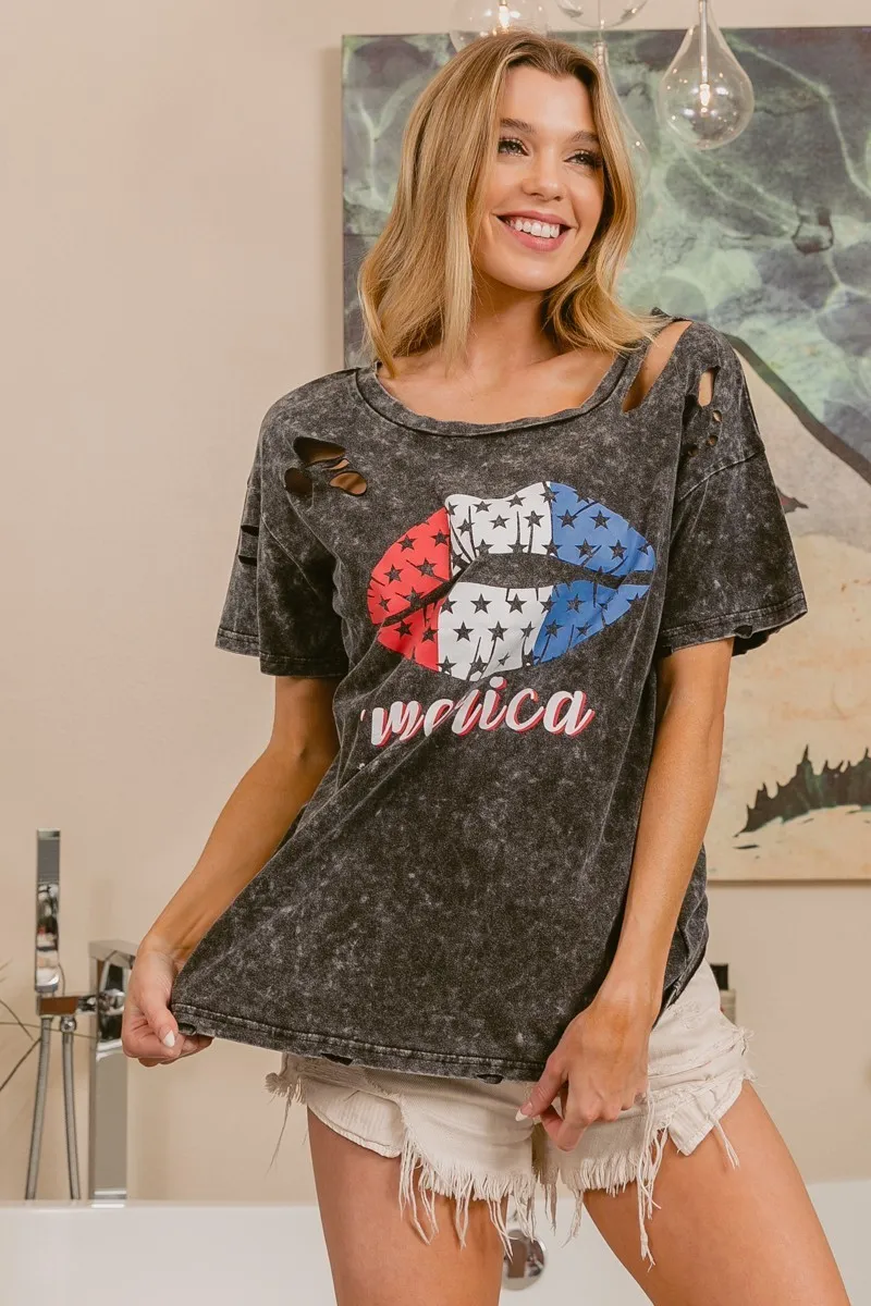 Laser Cut Mineral Washed Old Glory Lip Print Top, image 7