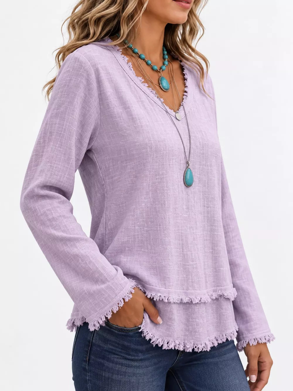 Full Size Frayed Hem V-Neck Long Sleeve Blouse Plus Size, image 53