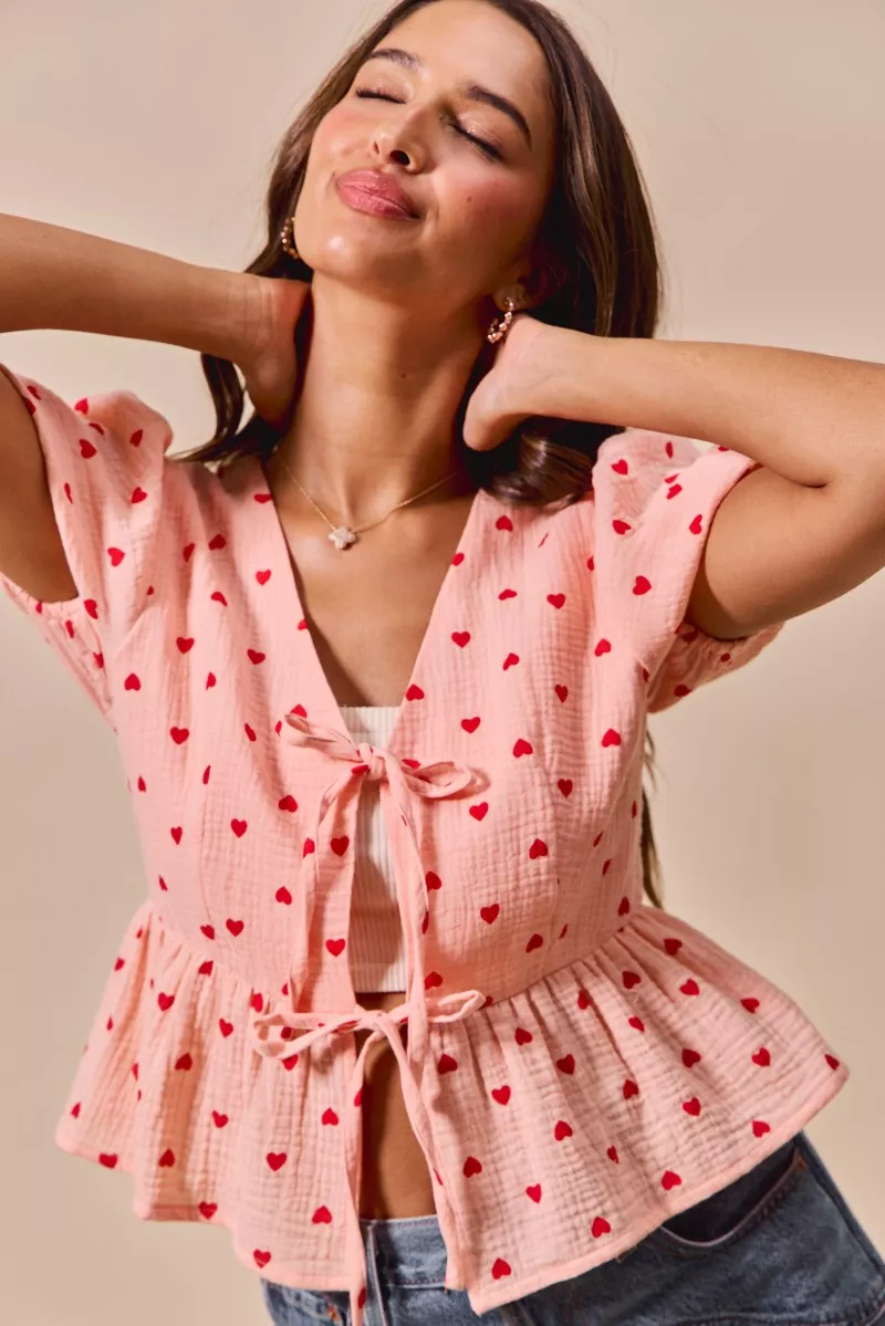 All Over Heart Ribbon Tie Baby Doll Valentine Blouse, image 8