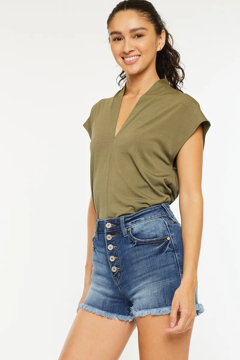 High Rise Frayed Hem Denim Shorts, image 2
